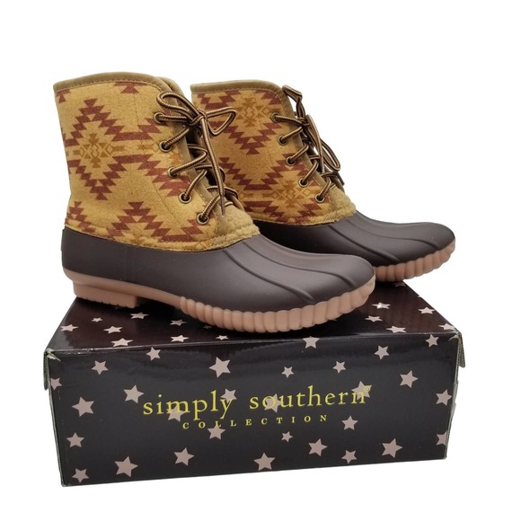 Simply Southern Shoes - NIB Simply Southern Aztec Duck Boots Brown Red Womens Size 9 boho western NEW